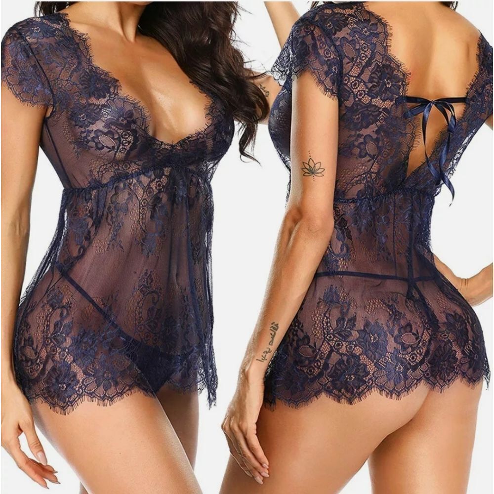 Women Eyelash Lace Sexy Lingerie See-Through Babydoll Sleepwear Blue Dress Set
